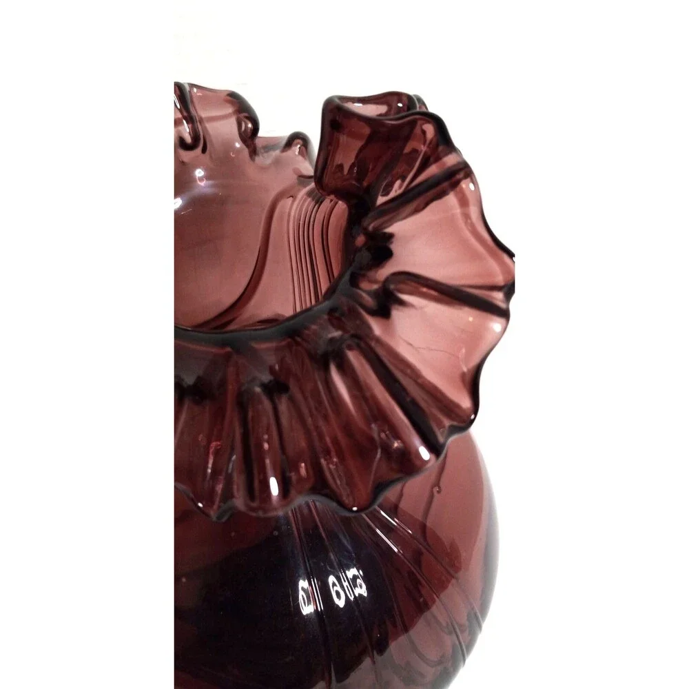 Vintage Hand Blown Amethyst Glass Vase.Ruffled Lip Melon Base